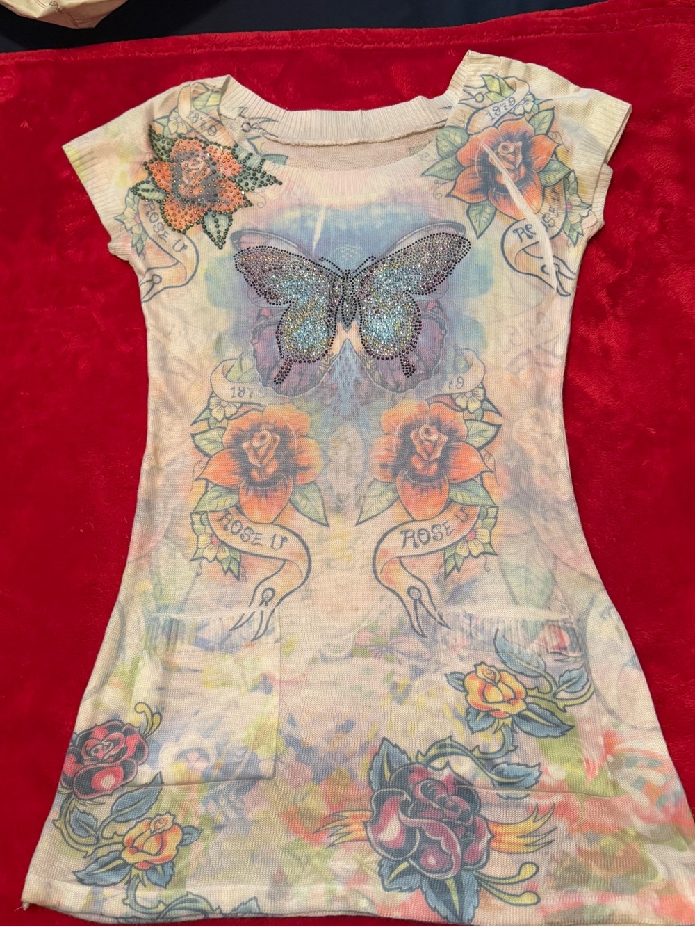 Vintage Y2K Debut Tattoo Print Tunic Top Butterfly Rose Rhinestone Size L